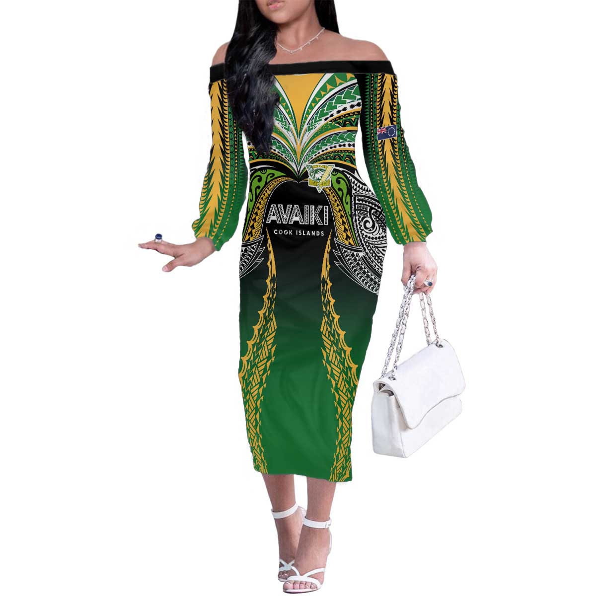 Custom Cook Islands Rugby League Family Matching Off The Shoulder Long Sleeve Dress and Hawaiian Shirt Avaiki Tatau Tribal Motifs Black Color - Polynesian Pride