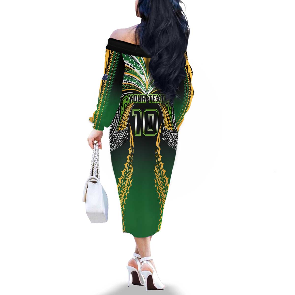 Custom Cook Islands Rugby League Family Matching Off The Shoulder Long Sleeve Dress and Hawaiian Shirt Avaiki Tatau Tribal Motifs Black Color - Polynesian Pride