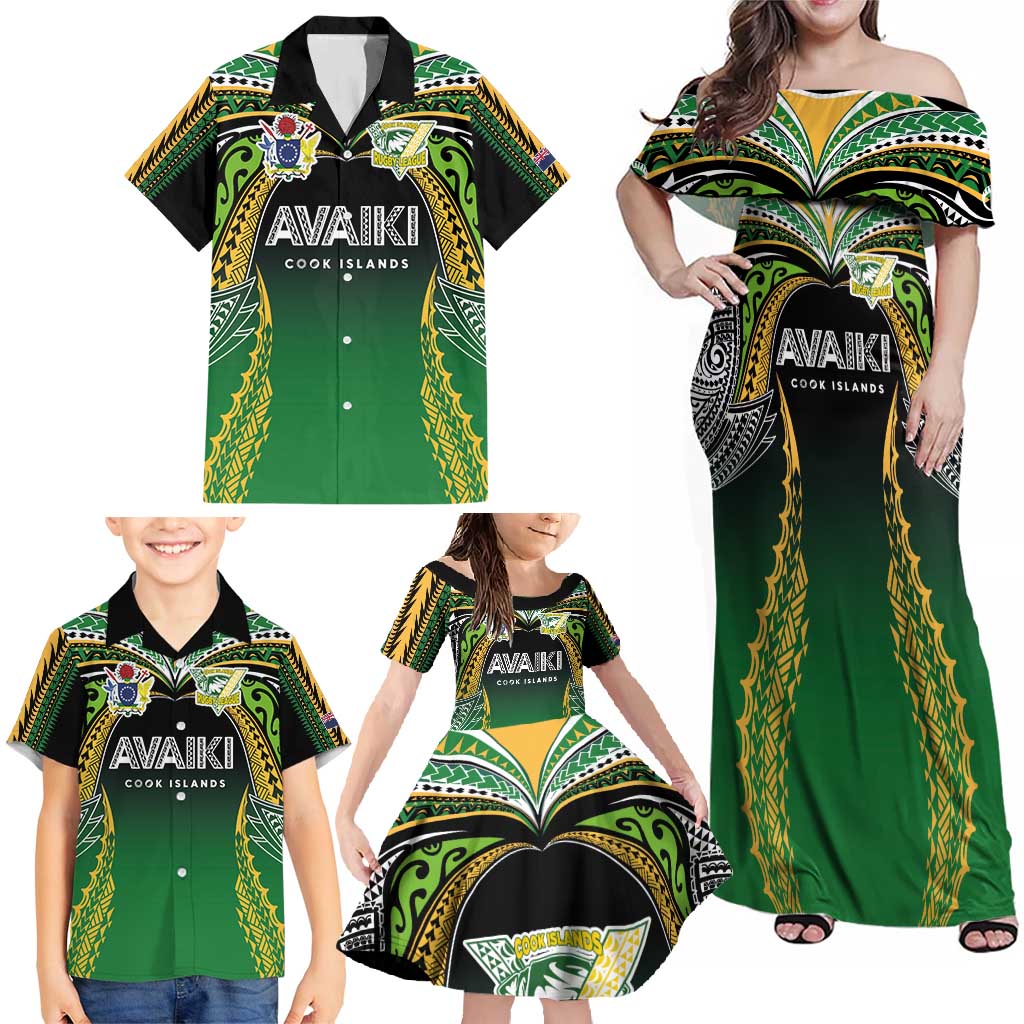 Custom Cook Islands Rugby League Family Matching Off Shoulder Maxi Dress and Hawaiian Shirt Avaiki Tatau Tribal Motifs Black Color - Polynesian Pride