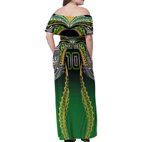Custom Cook Islands Rugby League Family Matching Off Shoulder Maxi Dress and Hawaiian Shirt Avaiki Tatau Tribal Motifs Black Color - Polynesian Pride