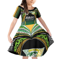 Custom Cook Islands Rugby League Family Matching Off Shoulder Short Dress and Hawaiian Shirt Avaiki Tatau Tribal Motifs Black Color - Polynesian Pride