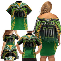 Custom Cook Islands Rugby League Family Matching Off Shoulder Short Dress and Hawaiian Shirt Avaiki Tatau Tribal Motifs Black Color - Polynesian Pride