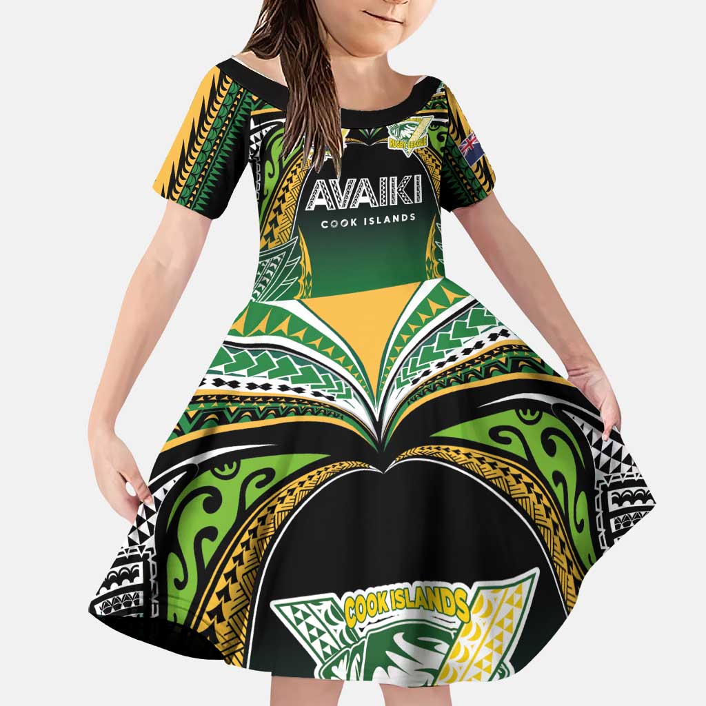 Custom Cook Islands Rugby League Family Matching Puletasi and Hawaiian Shirt Avaiki Tatau Tribal Motifs Black Color LT03 Daughter's Dress Black - Polynesian Pride