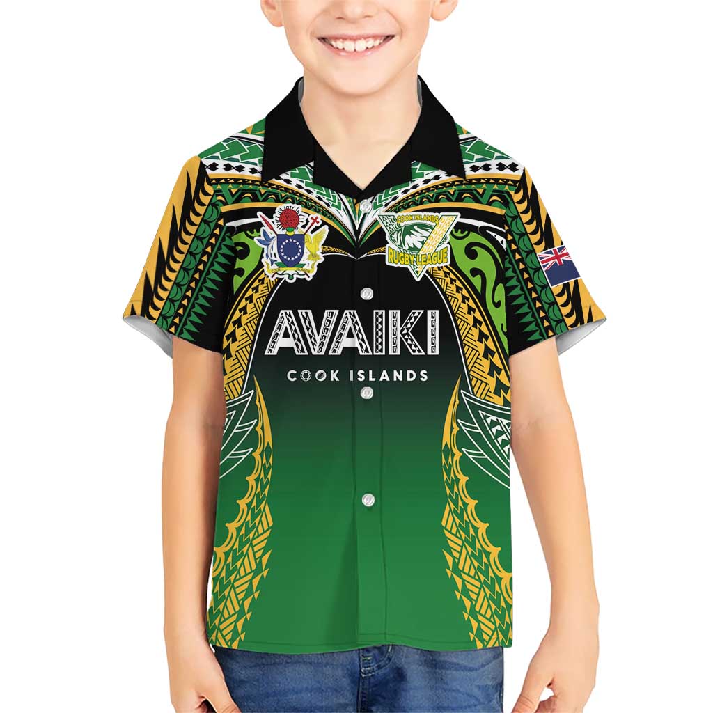 Custom Cook Islands Rugby League Kid Hawaiian Shirt Avaiki Tatau Tribal Motifs Black Color - Polynesian Pride