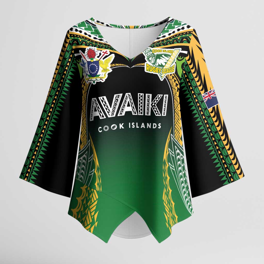 Custom Cook Islands Rugby League Kimono Sleeve Blouse Avaiki Tatau Tribal Motifs Black Color - Polynesian Pride
