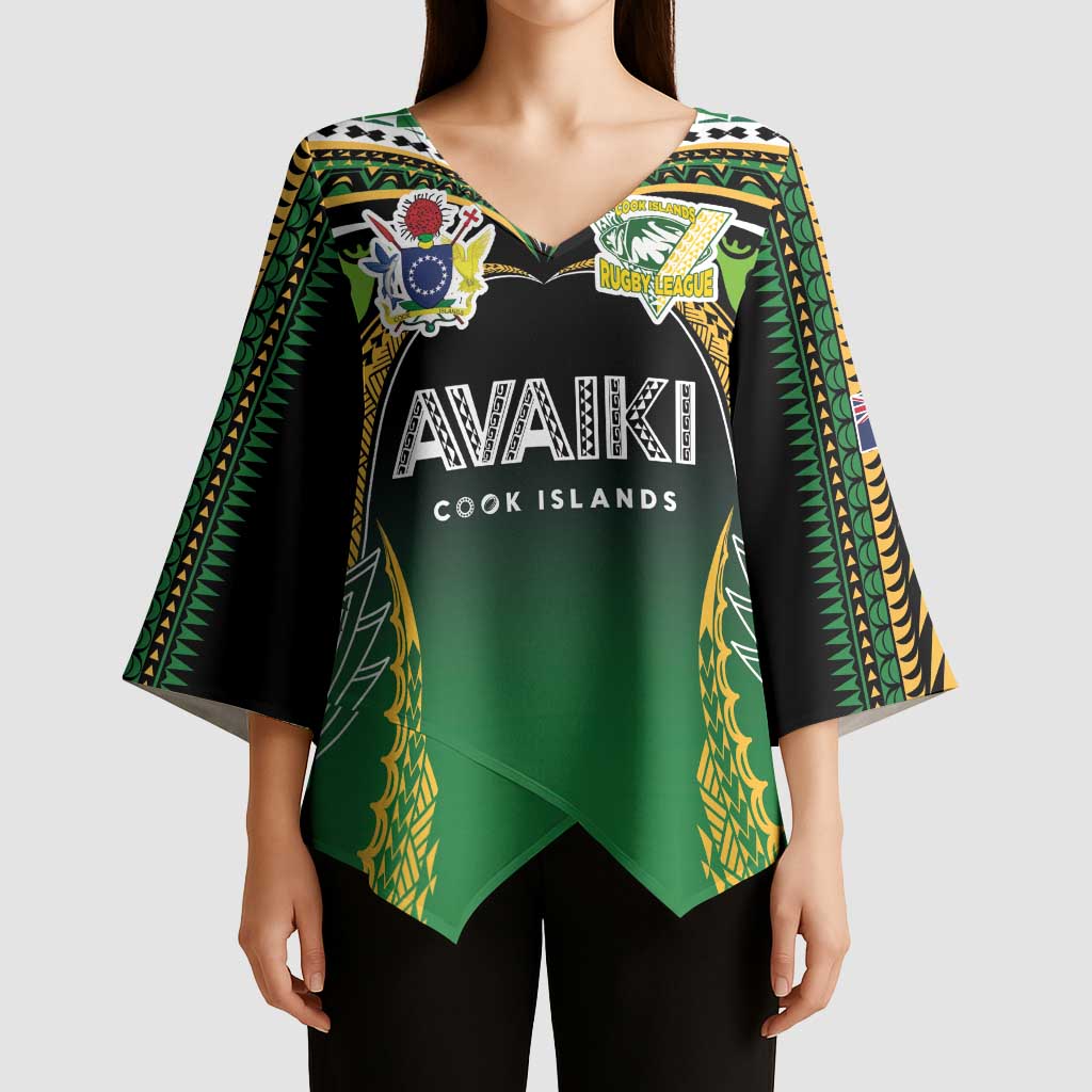 Custom Cook Islands Rugby League Kimono Sleeve Blouse Avaiki Tatau Tribal Motifs Black Color - Polynesian Pride