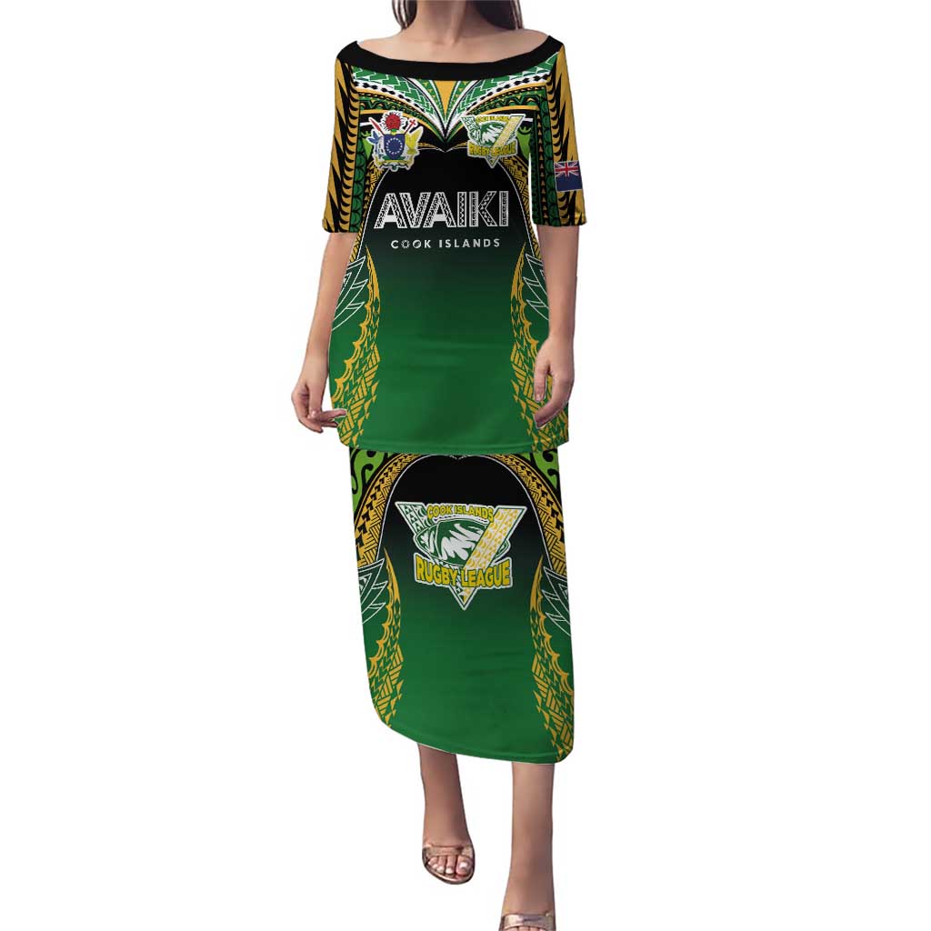 Custom Cook Islands Rugby League Puletasi Avaiki Tatau Tribal Motifs Black Color LT03 Long Dress Black - Polynesian Pride