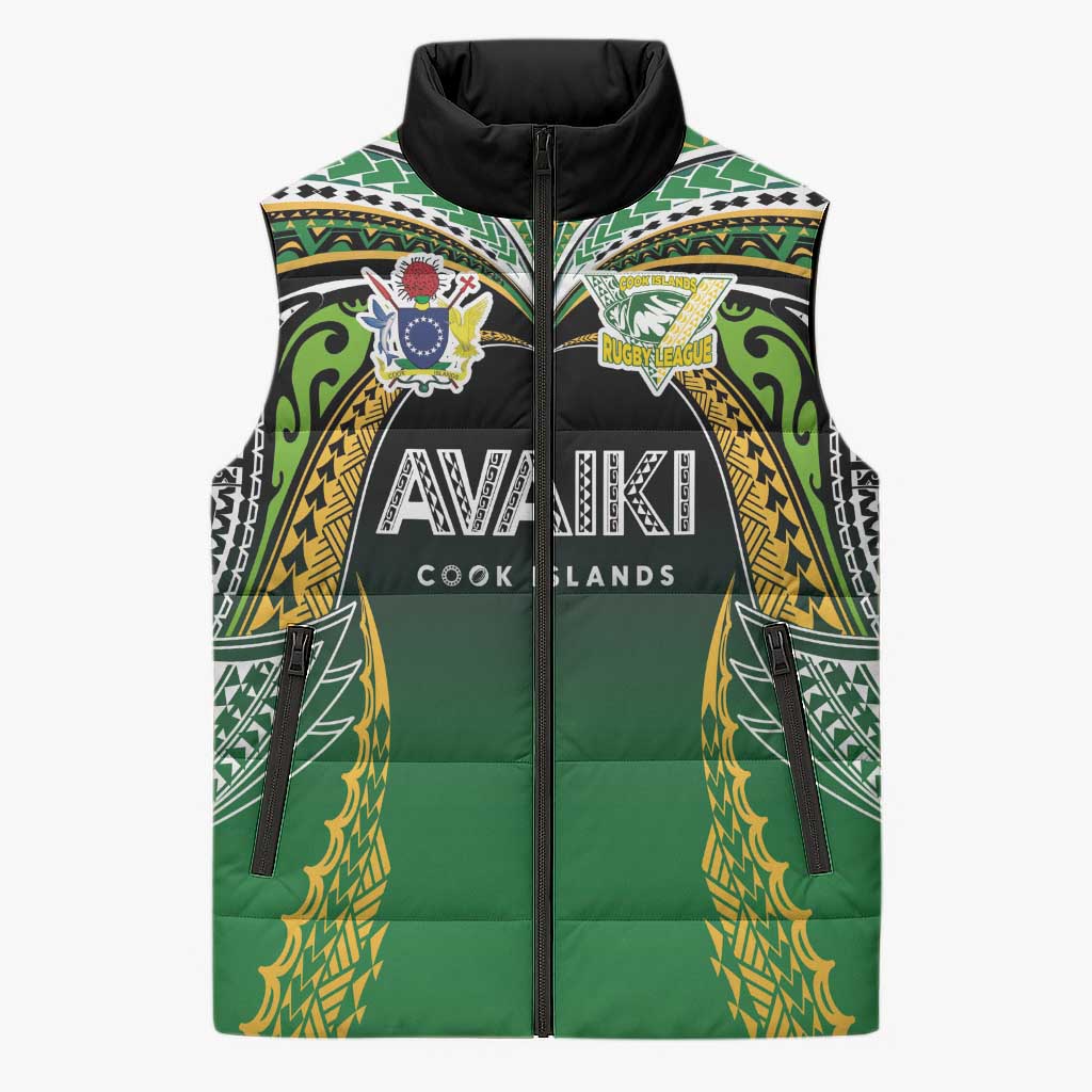 Custom Cook Islands Rugby League Sleeveless Puffer Jacket Avaiki Tatau Tribal Motifs Black Color LT03 Unisex Black - Polynesian Pride