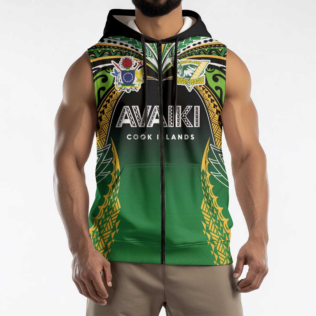 Custom Cook Islands Rugby League Sleeveless Zip Hoodie Avaiki Tatau Tribal Motifs Black Color LT03 - Polynesian Pride