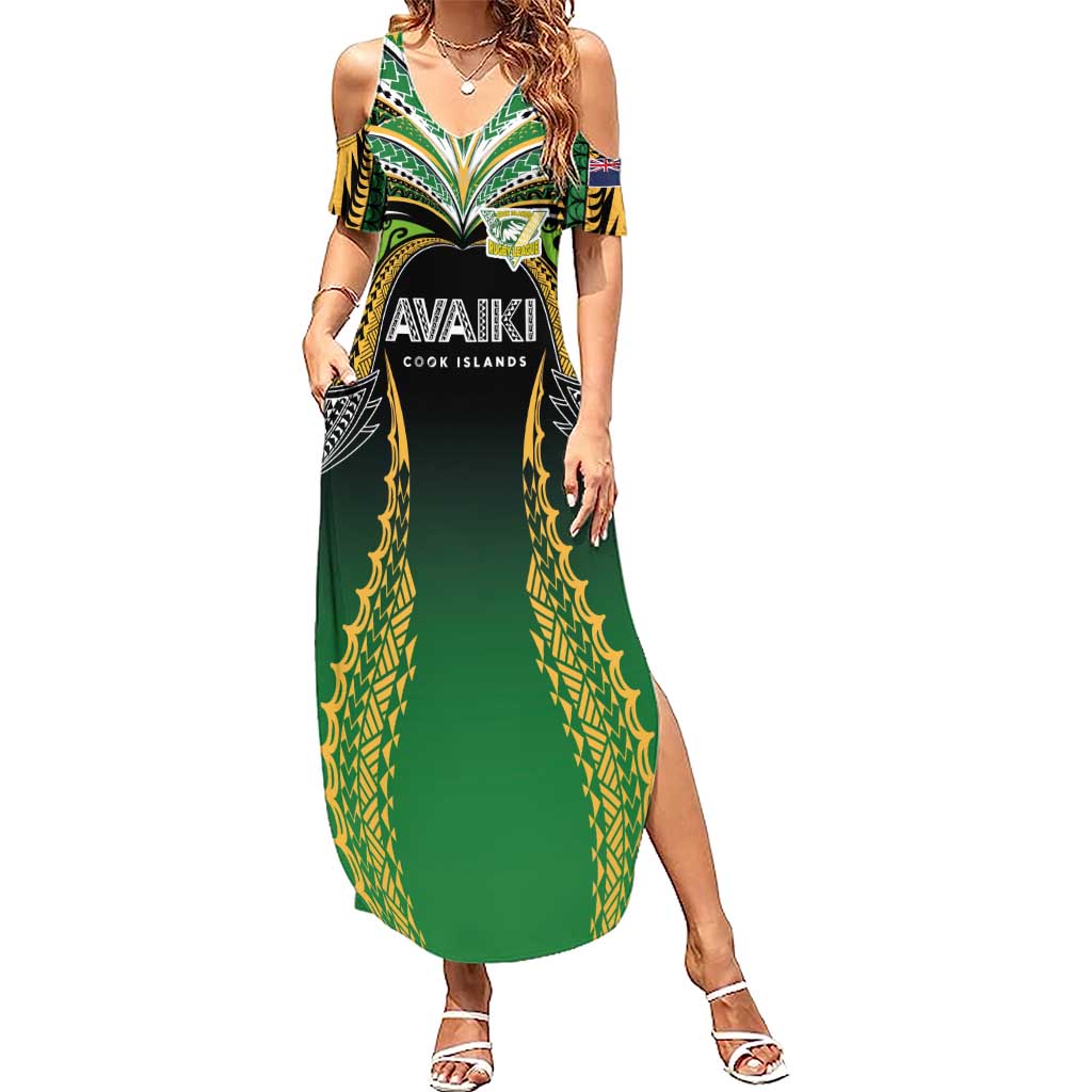 Custom Cook Islands Rugby League Summer Maxi Dress Avaiki Tatau Tribal Motifs Black Color - Polynesian Pride