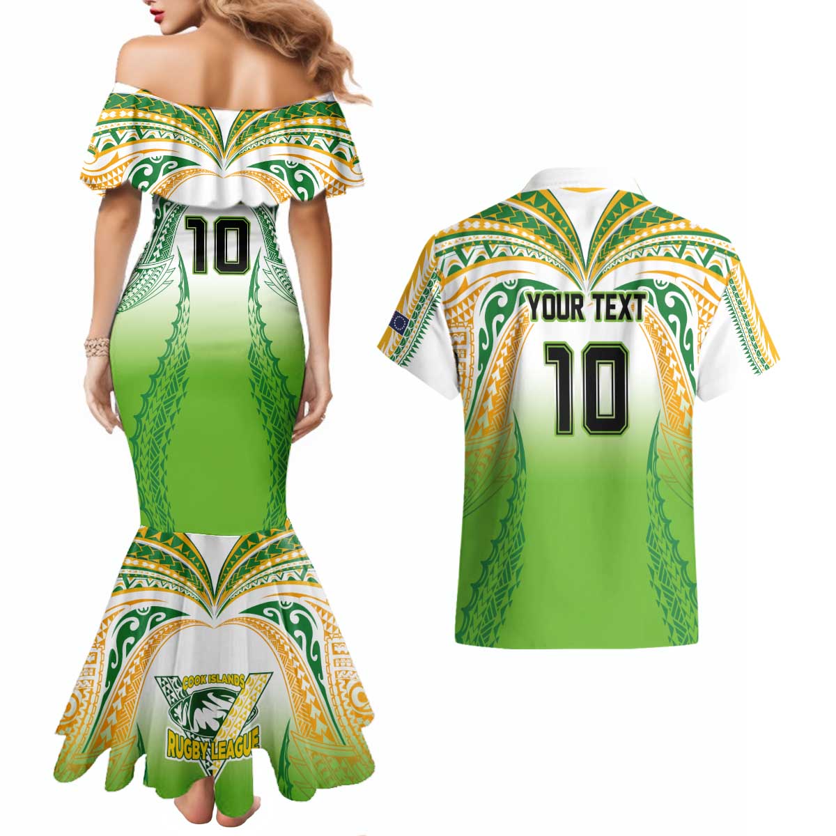 Custom Cook Islands Rugby League Couples Matching Mermaid Dress and Hawaiian Shirt Avaiki Tatau Tribal Motifs White Color - Polynesian Pride