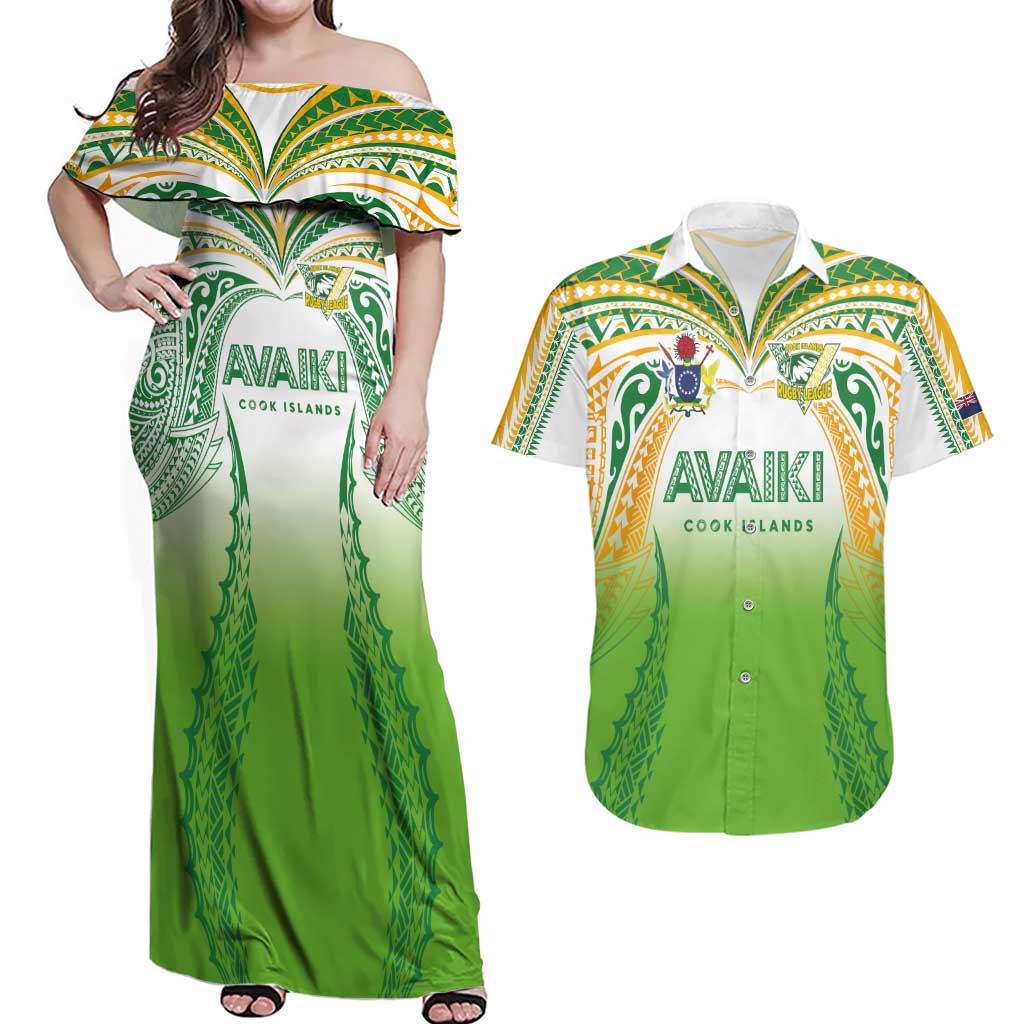 Custom Cook Islands Rugby League Couples Matching Off Shoulder Maxi Dress and Hawaiian Shirt Avaiki Tatau Tribal Motifs White Color - Polynesian Pride