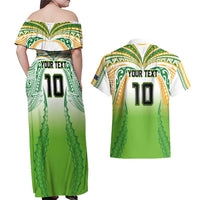 Custom Cook Islands Rugby League Couples Matching Off Shoulder Maxi Dress and Hawaiian Shirt Avaiki Tatau Tribal Motifs White Color - Polynesian Pride