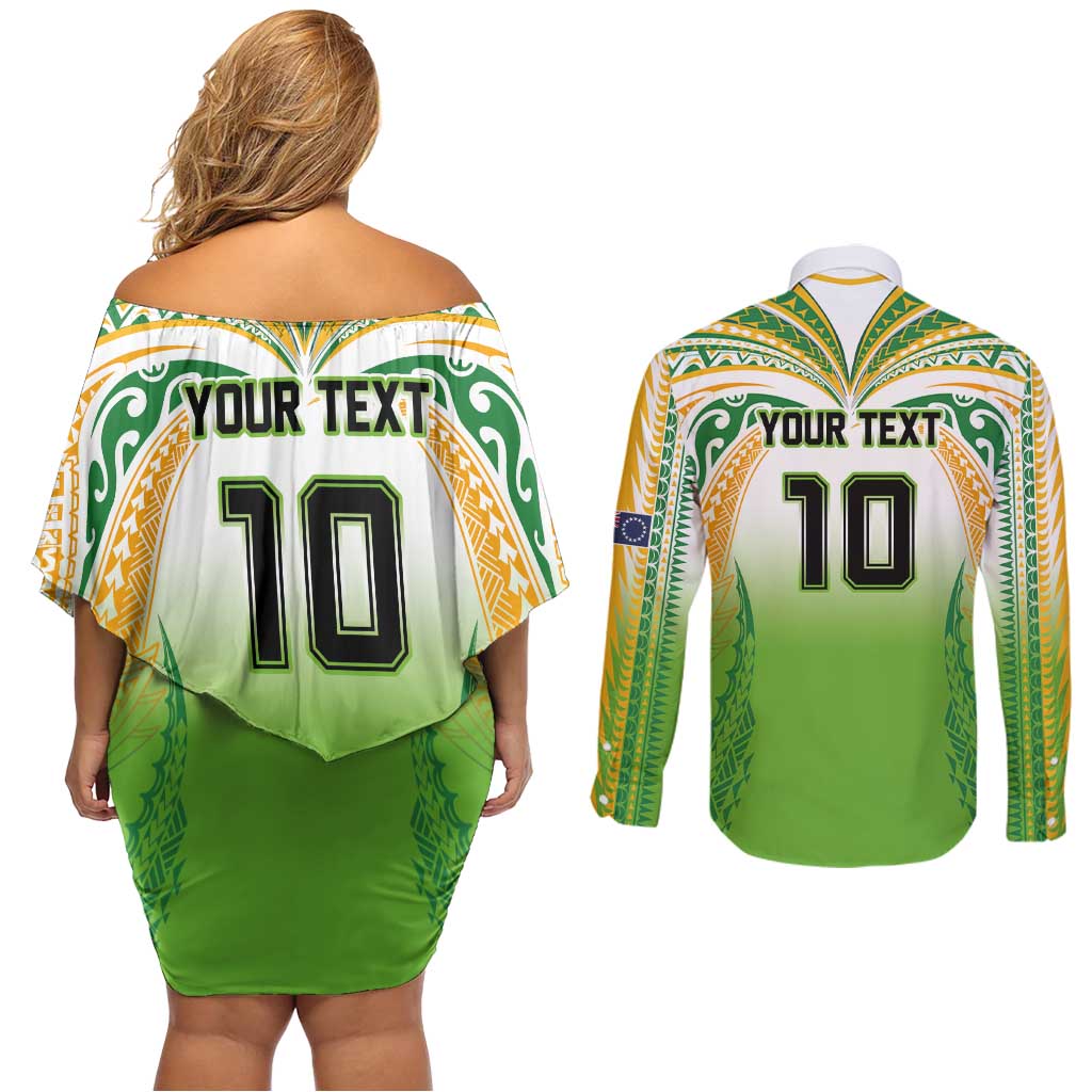 Custom Cook Islands Rugby League Couples Matching Off Shoulder Short Dress and Long Sleeve Button Shirt Avaiki Tatau Tribal Motifs White Color LT03 - Polynesian Pride