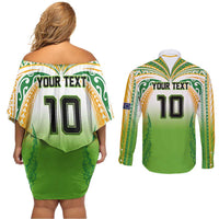 Custom Cook Islands Rugby League Couples Matching Off Shoulder Short Dress and Long Sleeve Button Shirt Avaiki Tatau Tribal Motifs White Color LT03 - Polynesian Pride