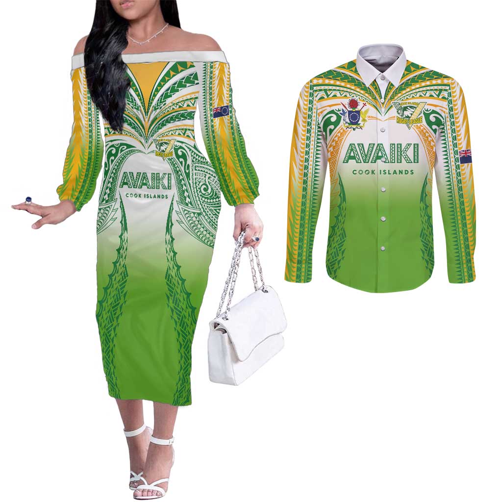 Custom Cook Islands Rugby League Couples Matching Off The Shoulder Long Sleeve Dress and Long Sleeve Button Shirt Avaiki Tatau Tribal Motifs White Color LT03 White - Polynesian Pride