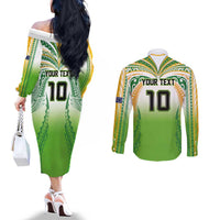 Custom Cook Islands Rugby League Couples Matching Off The Shoulder Long Sleeve Dress and Long Sleeve Button Shirt Avaiki Tatau Tribal Motifs White Color LT03 - Polynesian Pride