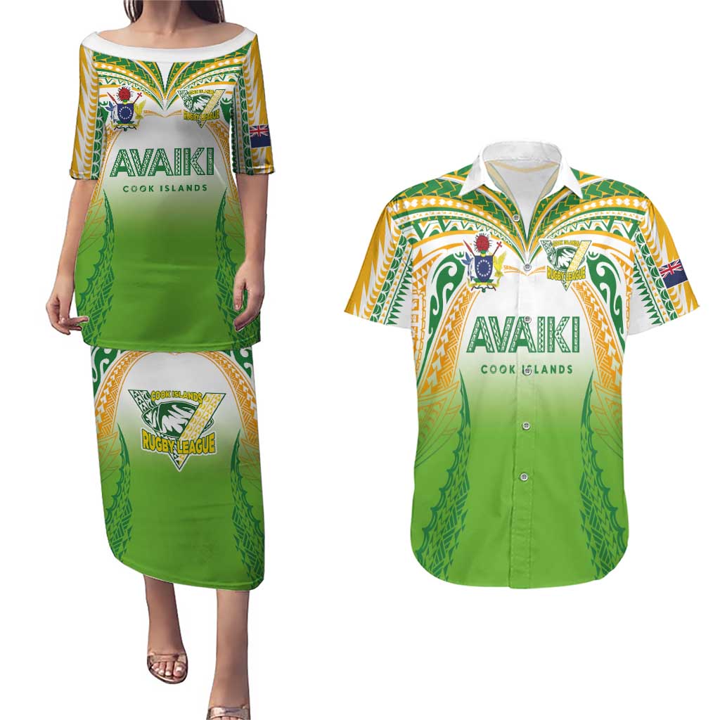 Custom Cook Islands Rugby League Couples Matching Puletasi and Hawaiian Shirt Avaiki Tatau Tribal Motifs White Color LT03 White - Polynesian Pride