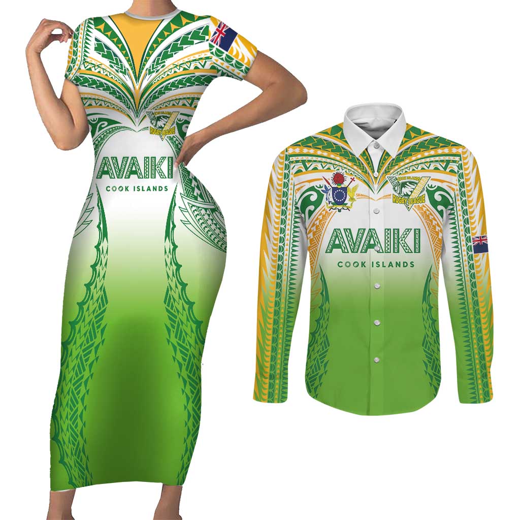 Custom Cook Islands Rugby League Couples Matching Short Sleeve Bodycon Dress and Long Sleeve Button Shirt Avaiki Tatau Tribal Motifs White Color LT03 White - Polynesian Pride