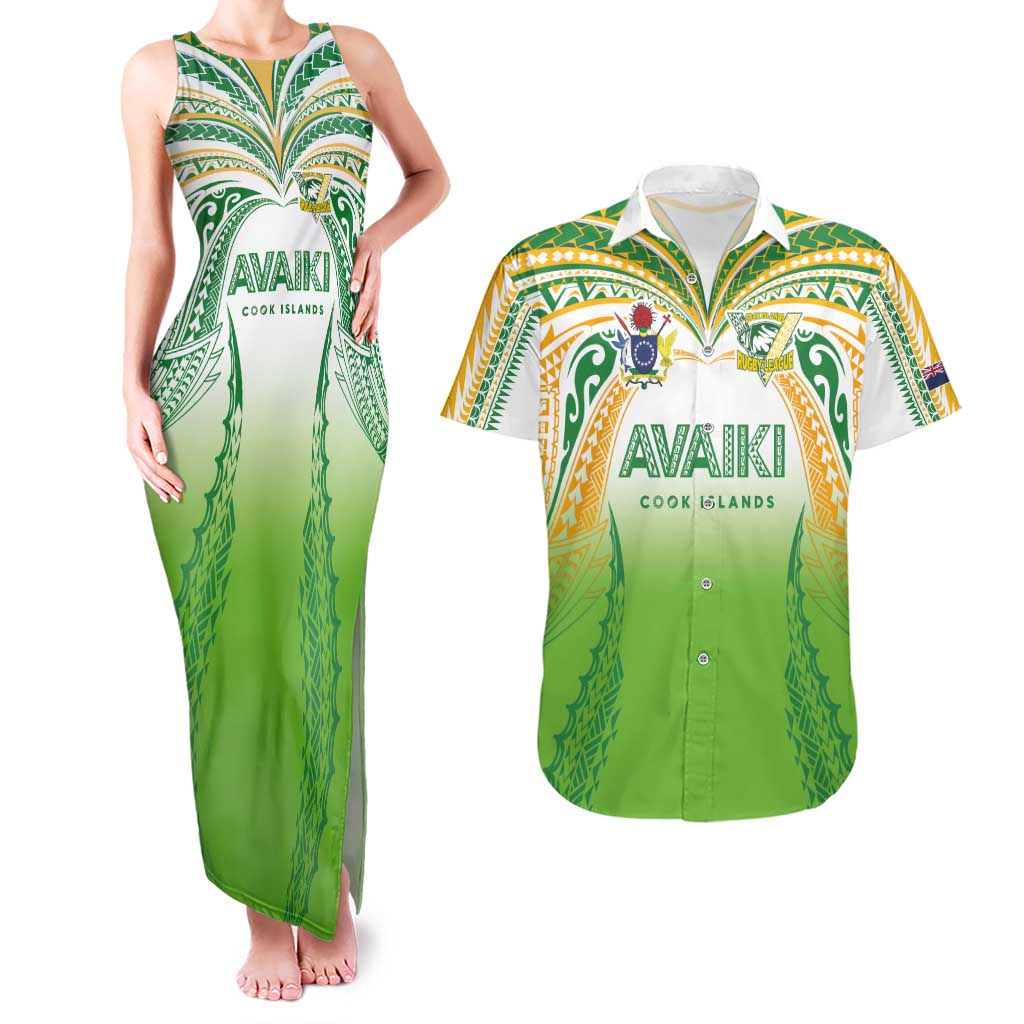 Custom Cook Islands Rugby League Couples Matching Tank Maxi Dress and Hawaiian Shirt Avaiki Tatau Tribal Motifs White Color - Polynesian Pride