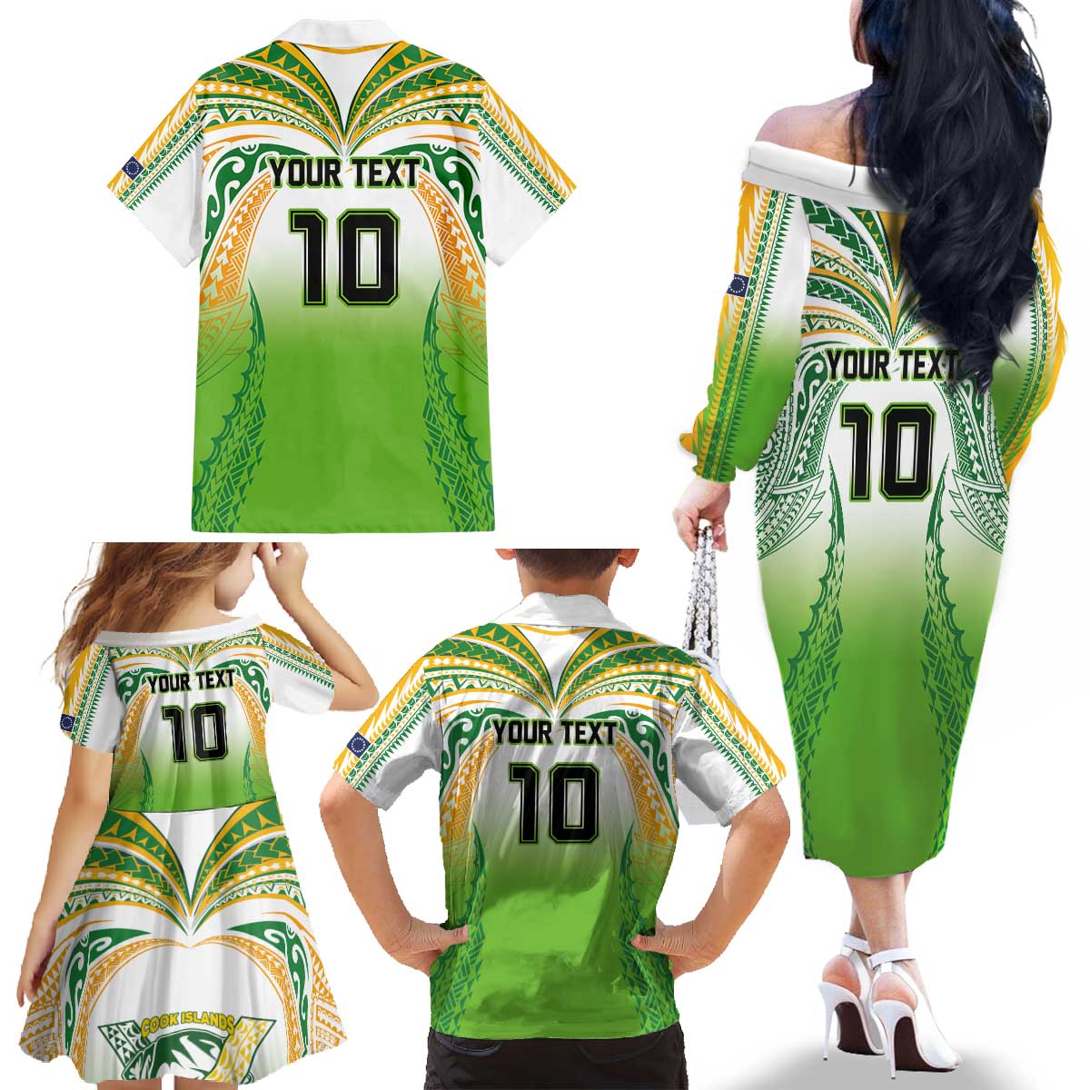 Custom Cook Islands Rugby League Family Matching Off The Shoulder Long Sleeve Dress and Hawaiian Shirt Avaiki Tatau Tribal Motifs White Color - Polynesian Pride