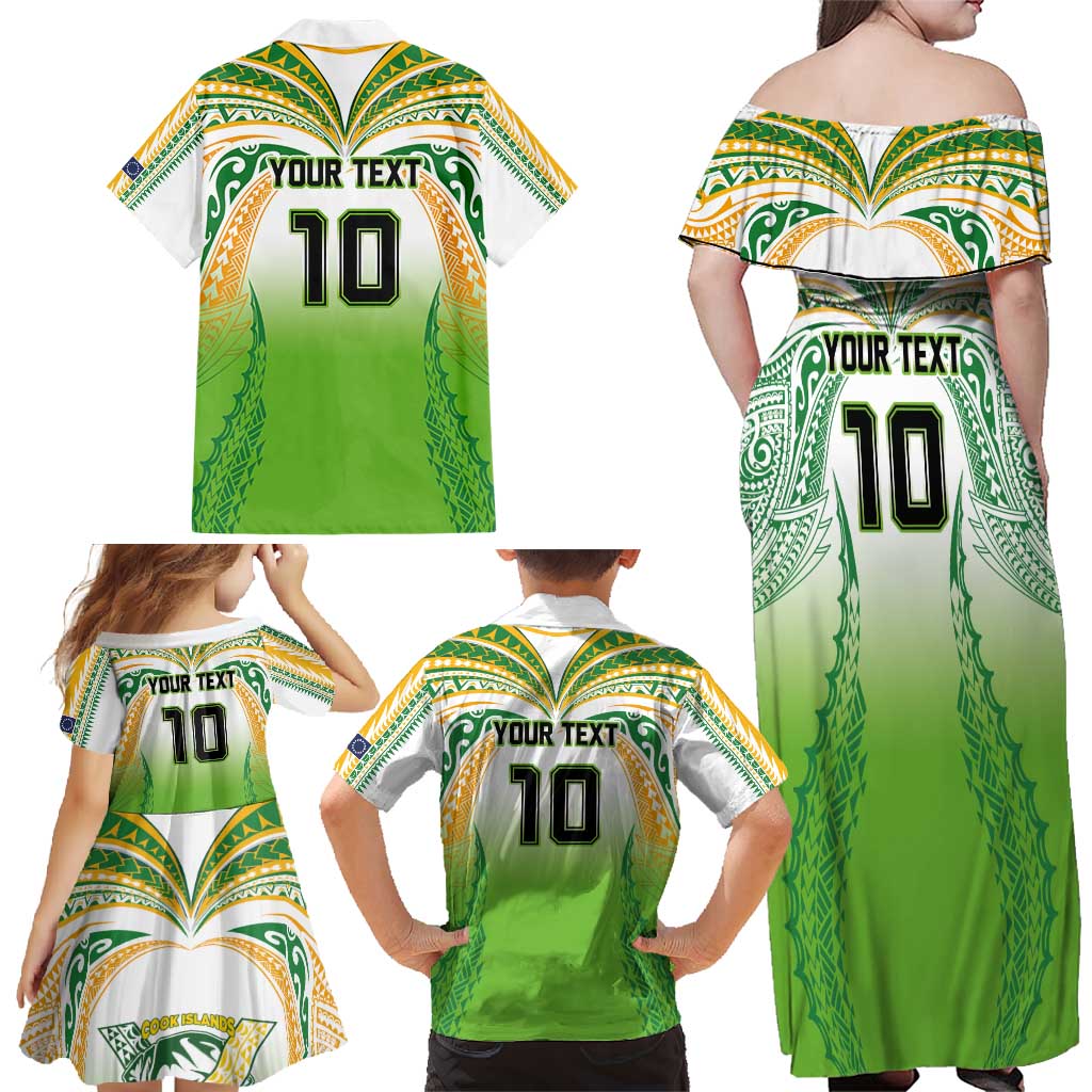 Custom Cook Islands Rugby League Family Matching Off Shoulder Maxi Dress and Hawaiian Shirt Avaiki Tatau Tribal Motifs White Color - Polynesian Pride