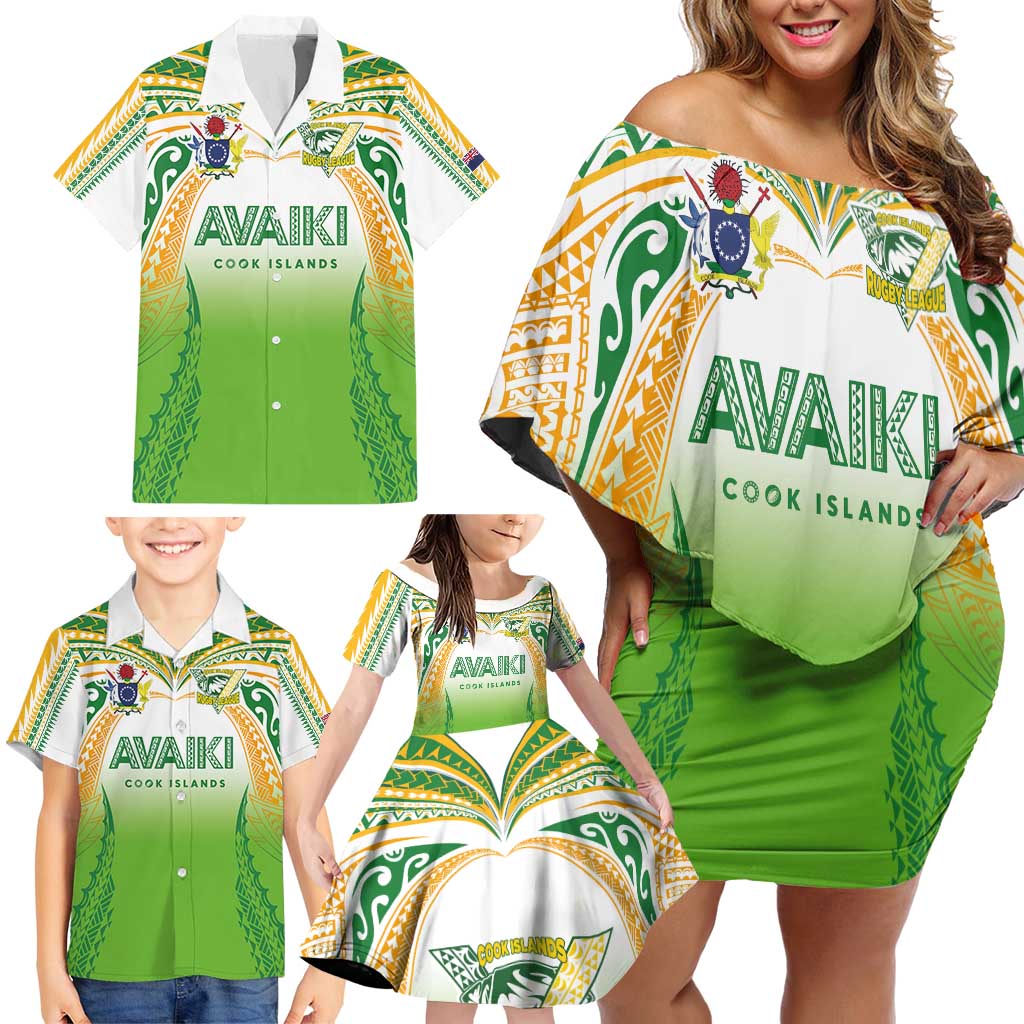 Custom Cook Islands Rugby League Family Matching Off Shoulder Short Dress and Hawaiian Shirt Avaiki Tatau Tribal Motifs White Color - Polynesian Pride