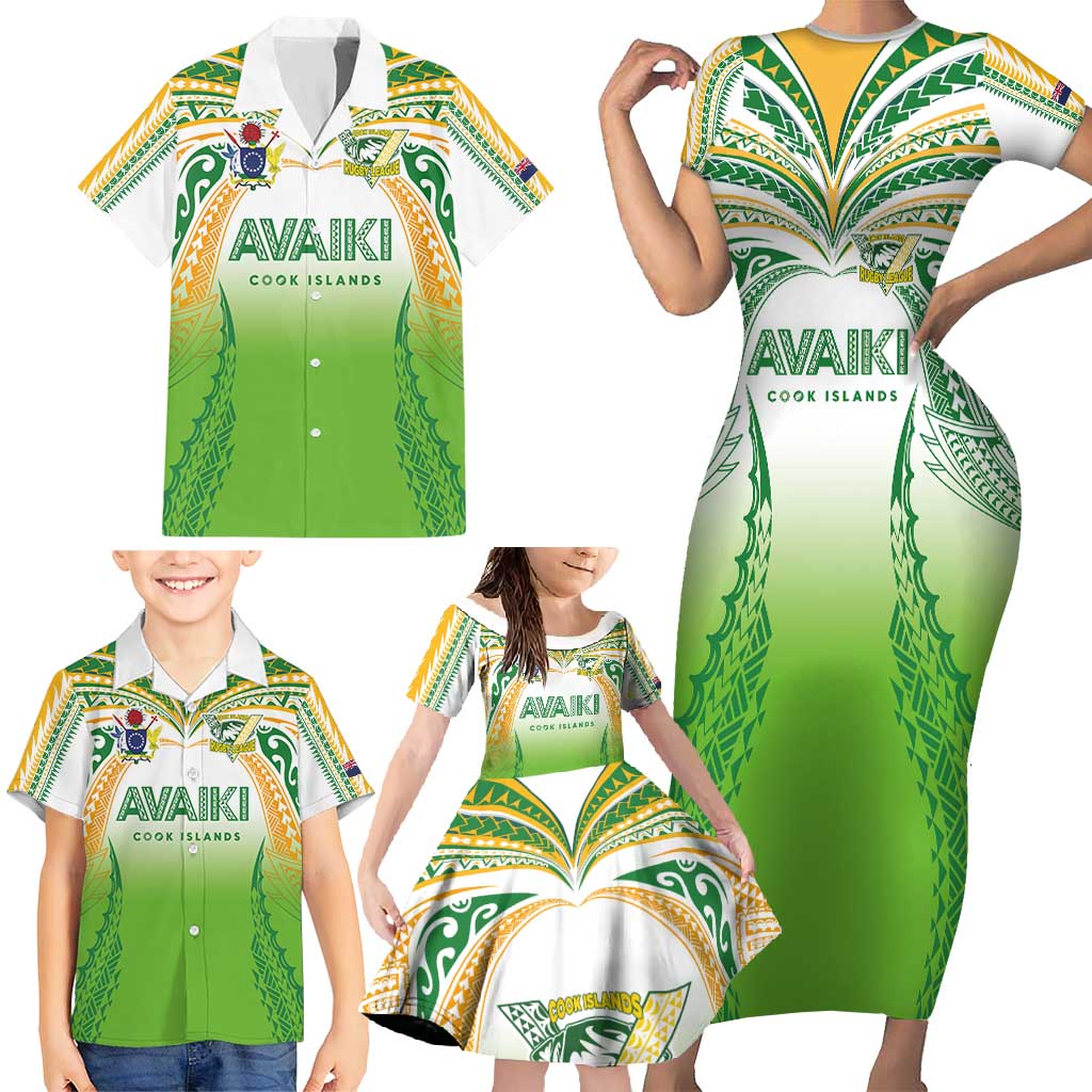 Custom Cook Islands Rugby League Family Matching Short Sleeve Bodycon Dress and Hawaiian Shirt Avaiki Tatau Tribal Motifs White Color - Polynesian Pride