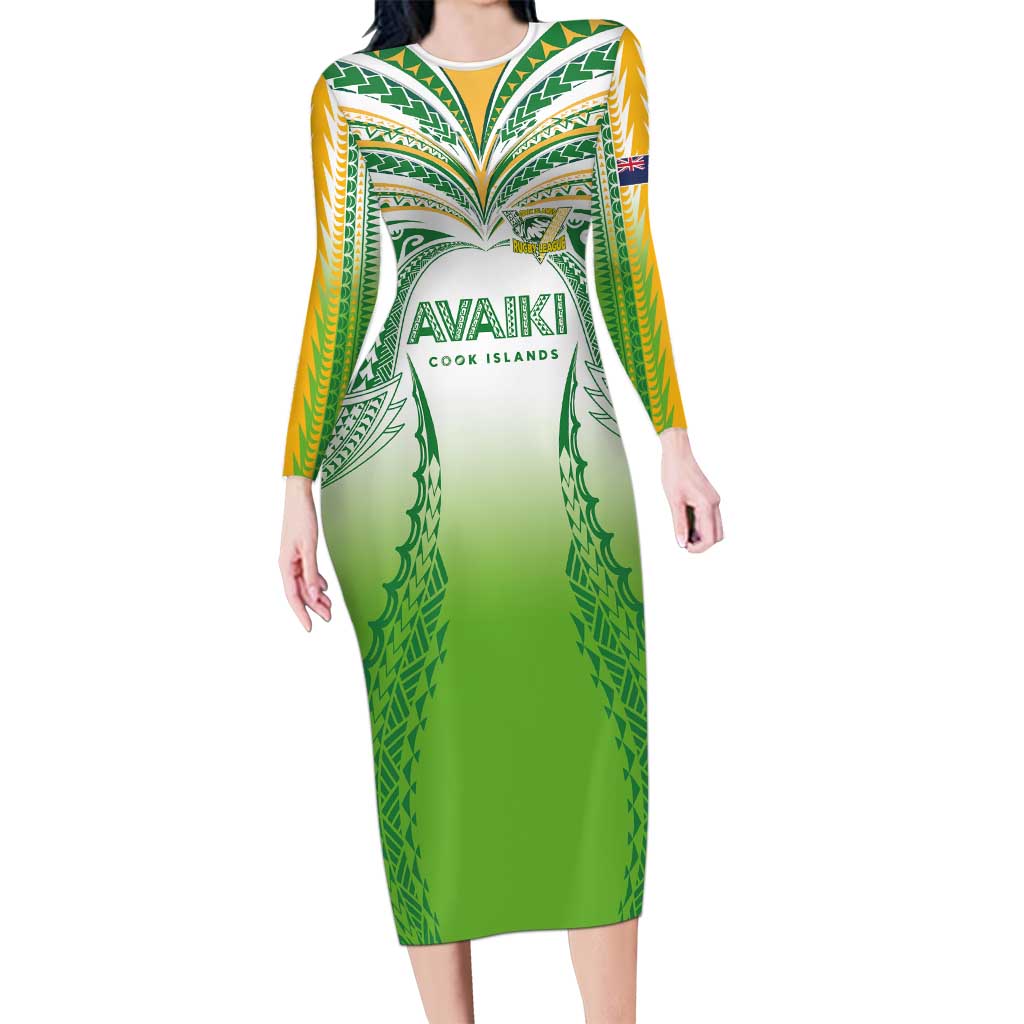 Custom Cook Islands Rugby League Long Sleeve Bodycon Dress Avaiki Tatau Tribal Motifs White Color LT03 Long Dress White - Polynesian Pride