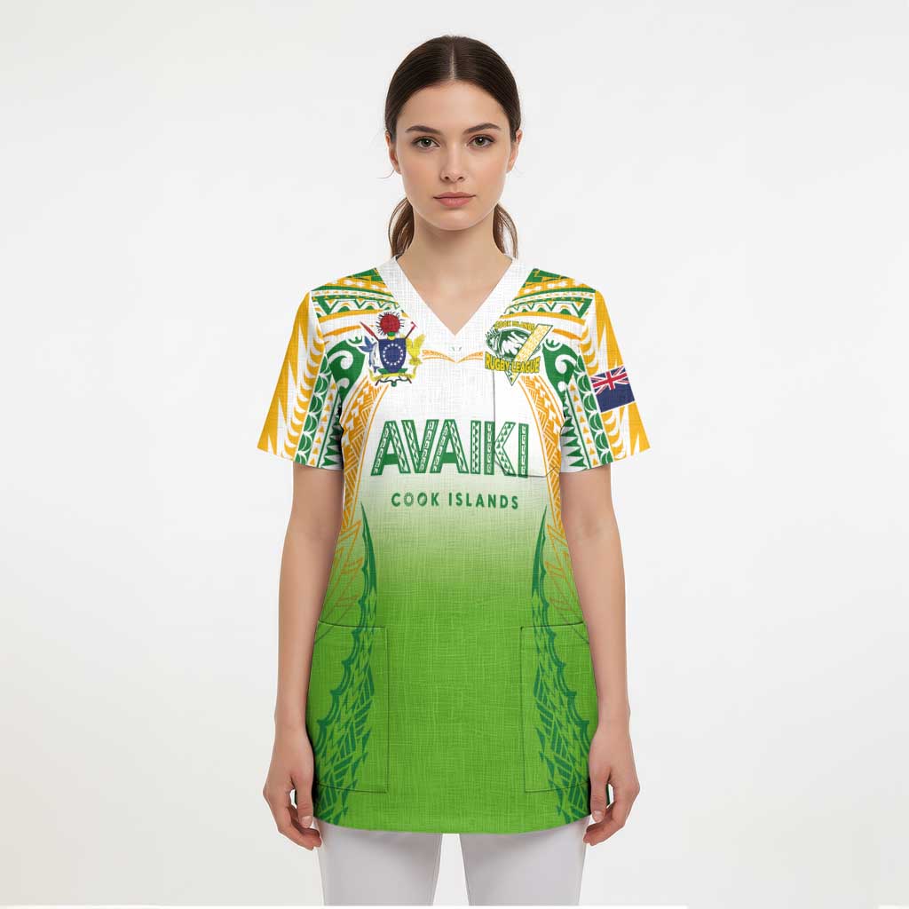 Custom Cook Islands Rugby League Scrub Top Avaiki Tatau Tribal Motifs White Color - Polynesian Pride