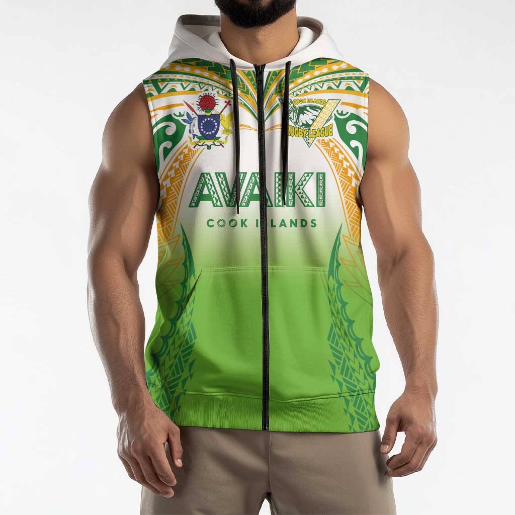 Custom Cook Islands Rugby League Sleeveless Zip Hoodie Avaiki Tatau Tribal Motifs White Color - Polynesian Pride