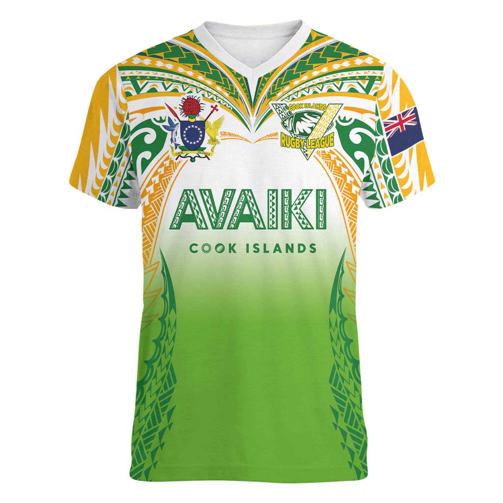 Custom Cook Islands Rugby League Women V-Neck T-Shirt Avaiki Tatau Tribal Motifs White Color LT03 Female White - Polynesian Pride