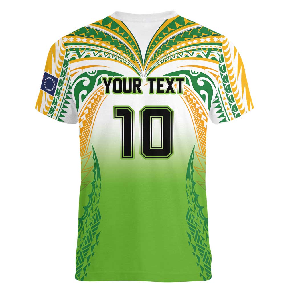Custom Cook Islands Rugby League Women V-Neck T-Shirt Avaiki Tatau Tribal Motifs White Color LT03 - Polynesian Pride