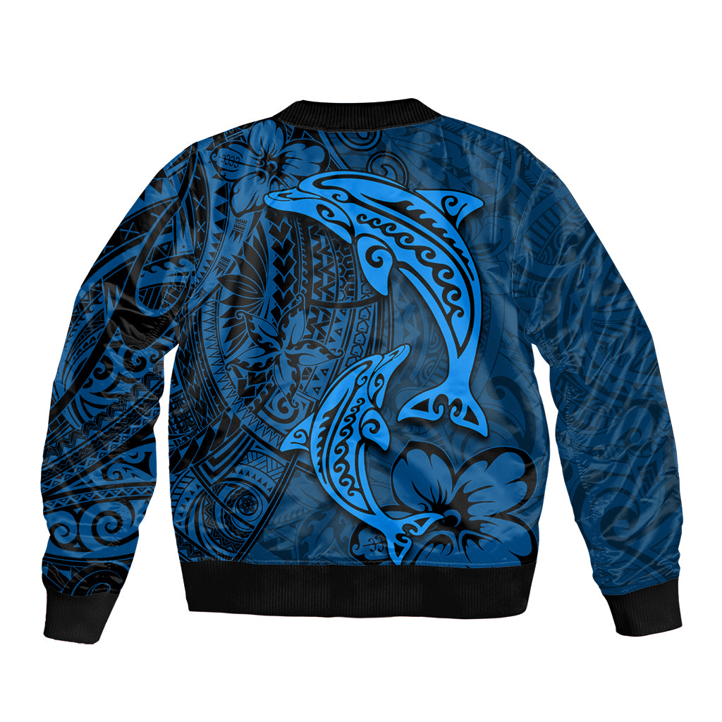 Polynesian Dolphin Valentine Day Bomber Jacket Hibiscus and Tribal Tattoo Blue Style LT03 - Polynesian Pride