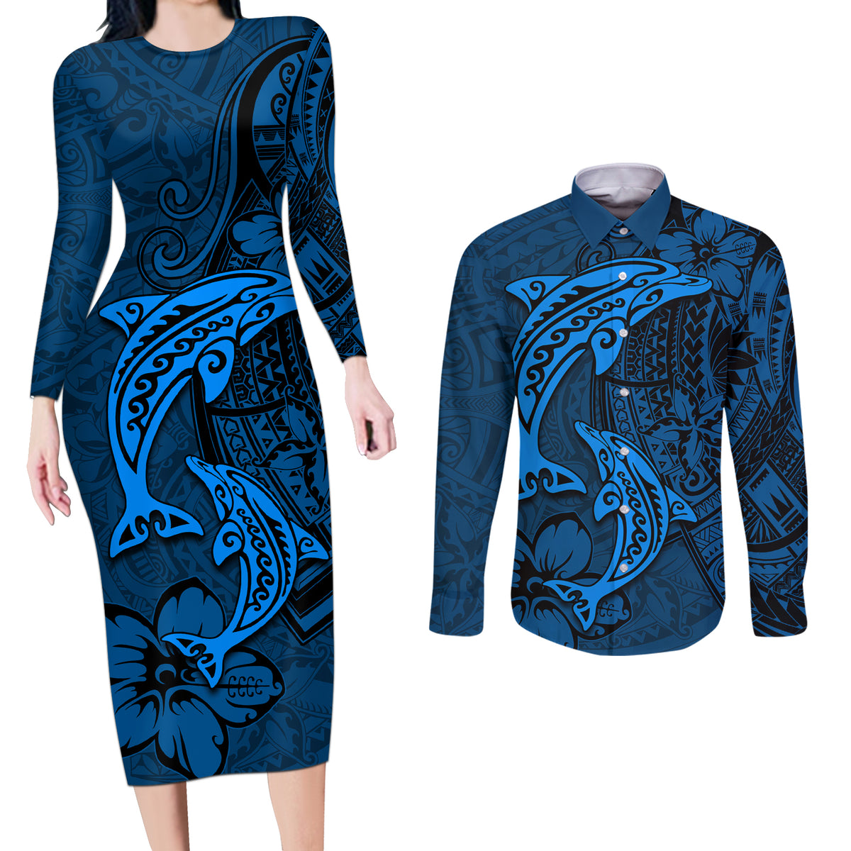 Polynesian Dolphin Valentine Day Couples Matching Long Sleeve Bodycon Dress and Long Sleeve Button Shirt Hibiscus and Tribal Tattoo Blue Style LT03 Blue - Polynesian Pride