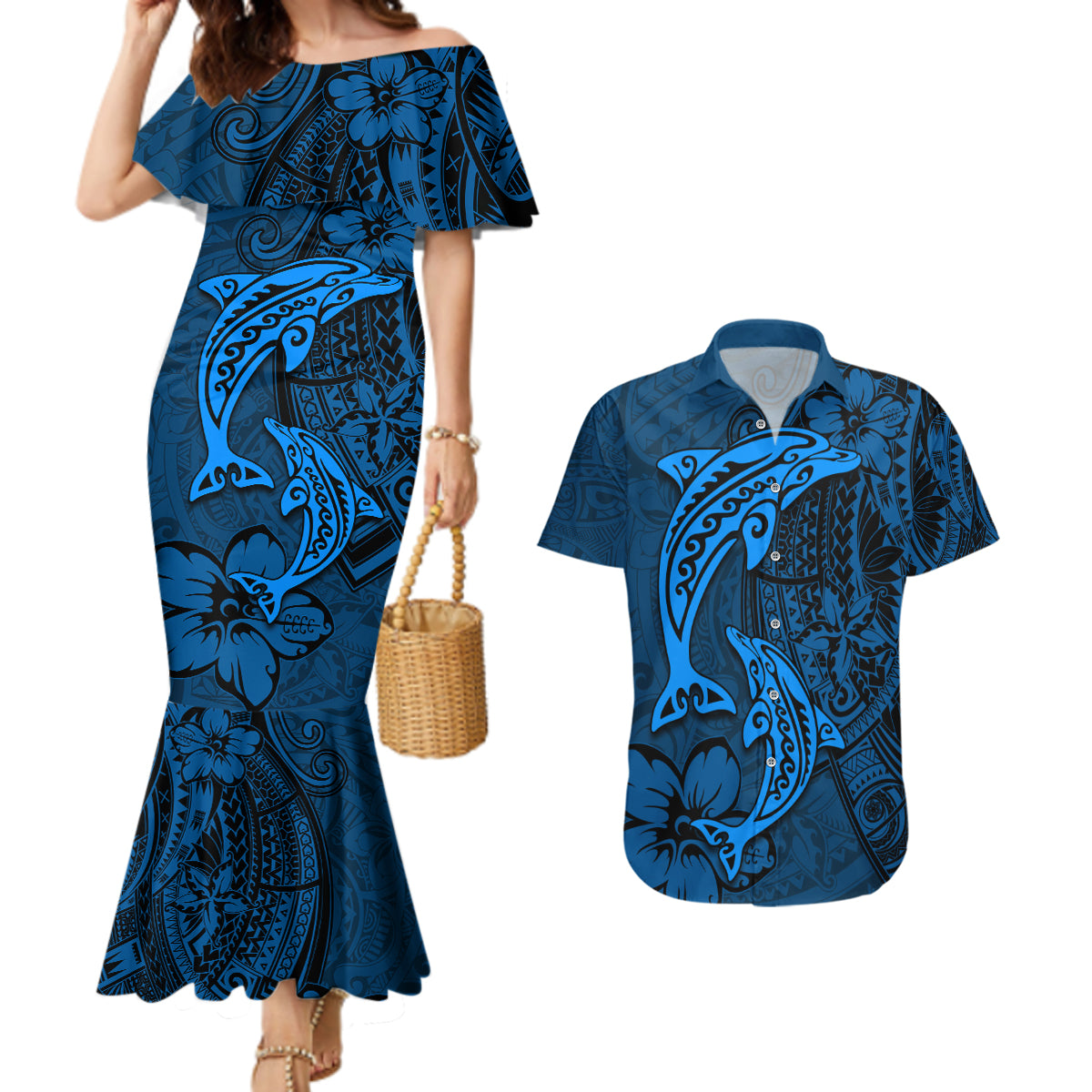 Polynesian Dolphin Valentine Day Couples Matching Mermaid Dress and Hawaiian Shirt Hibiscus and Tribal Tattoo Blue Style LT03 Blue - Polynesian Pride