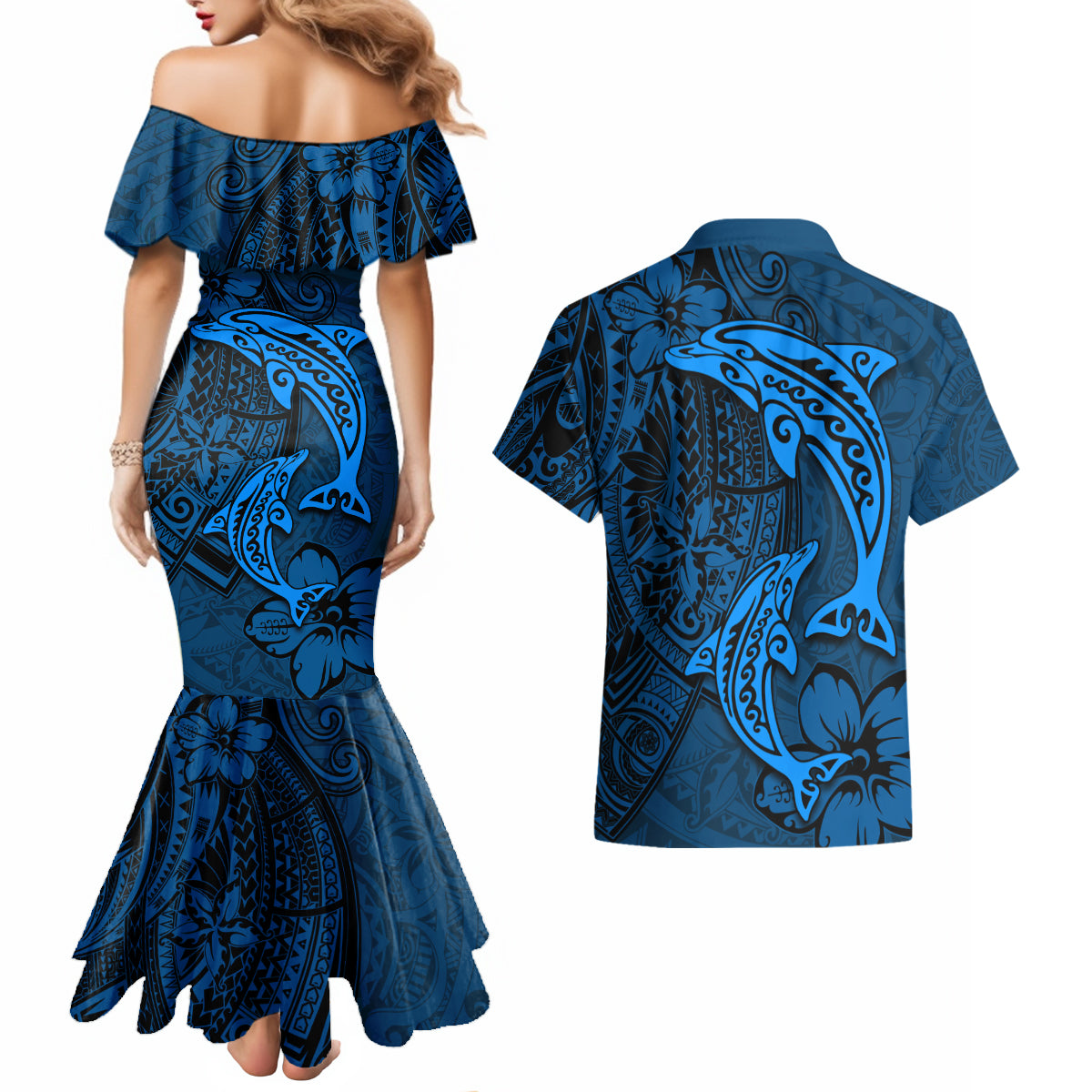 Polynesian Dolphin Valentine Day Couples Matching Mermaid Dress and Hawaiian Shirt Hibiscus and Tribal Tattoo Blue Style LT03 - Polynesian Pride