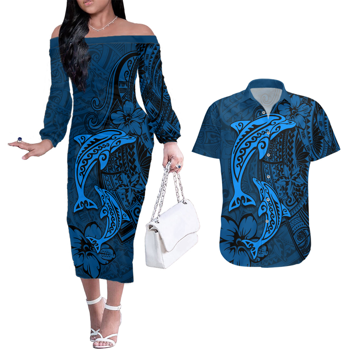 Polynesian Dolphin Valentine Day Couples Matching Off The Shoulder Long Sleeve Dress and Hawaiian Shirt Hibiscus and Tribal Tattoo Blue Style LT03 Blue - Polynesian Pride