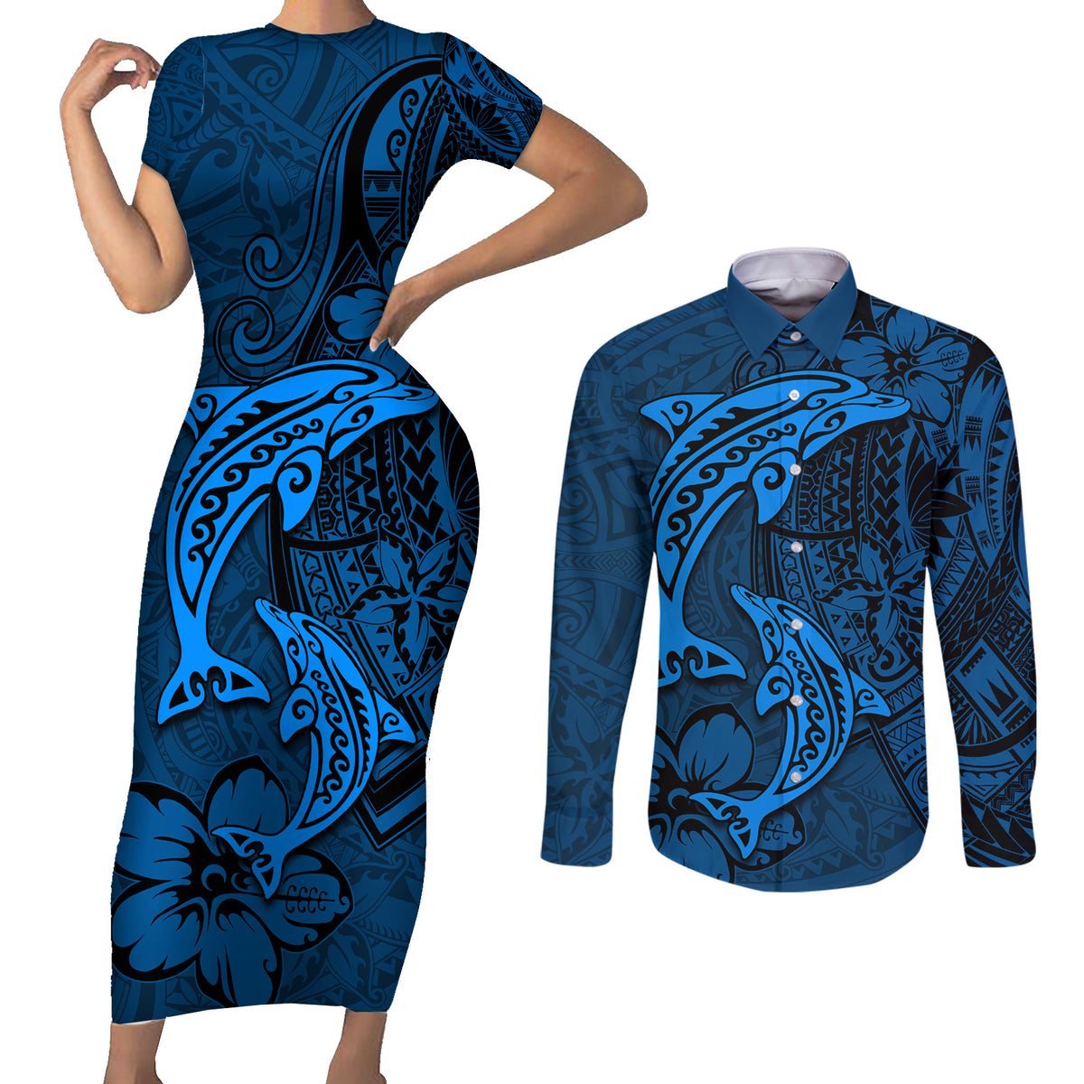Polynesian Dolphin Valentine Day Couples Matching Short Sleeve Bodycon Dress and Long Sleeve Button Shirt Hibiscus and Tribal Tattoo Blue Style LT03 Blue - Polynesian Pride