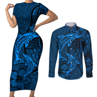 Polynesian Dolphin Valentine Day Couples Matching Short Sleeve Bodycon Dress and Long Sleeve Button Shirt Hibiscus and Tribal Tattoo Blue Style LT03 Blue - Polynesian Pride