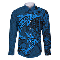 Polynesian Dolphin Valentine Day Family Matching Off Shoulder Long Sleeve Dress and Hawaiian Shirt Hibiscus and Tribal Tattoo Blue Style LT03 Dad's Shirt - Long Sleeve Blue - Polynesian Pride
