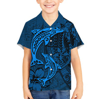 Polynesian Dolphin Valentine Day Family Matching Short Sleeve Bodycon Dress and Hawaiian Shirt Hibiscus and Tribal Tattoo Blue Style LT03 Son's Shirt Blue - Polynesian Pride