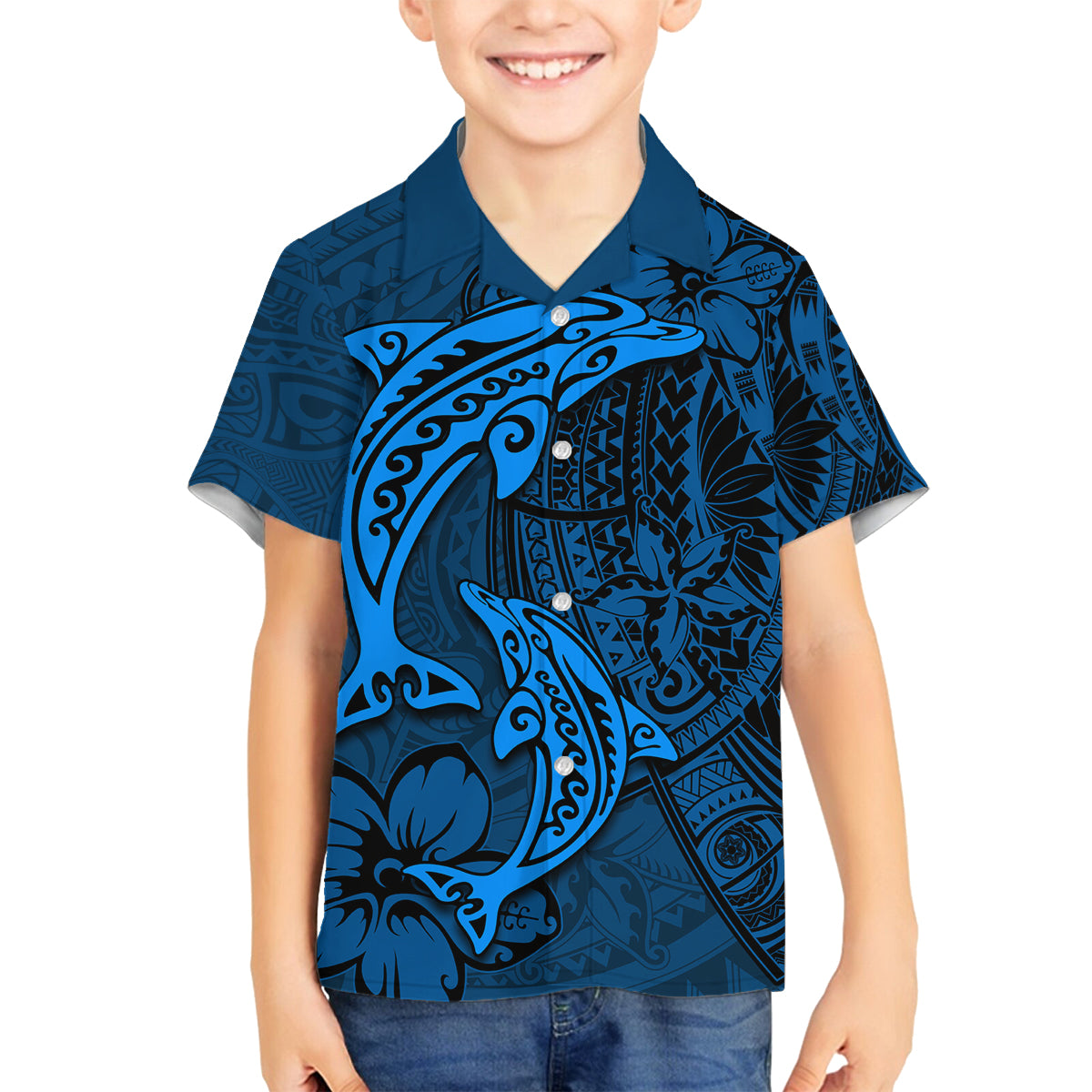 Polynesian Dolphin Valentine Day Family Matching Tank Maxi Dress and Hawaiian Shirt Hibiscus and Tribal Tattoo Blue Style LT03 Son's Shirt Blue - Polynesian Pride