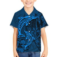 Polynesian Dolphin Valentine Day Kid Hawaiian Shirt Hibiscus and Tribal Tattoo Blue Style LT03 Kid Blue - Polynesian Pride