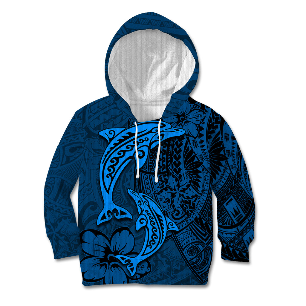 Polynesian Dolphin Valentine Day Kid Hoodie Hibiscus and Tribal Tattoo Blue Style LT03 Hoodie Blue - Polynesian Pride