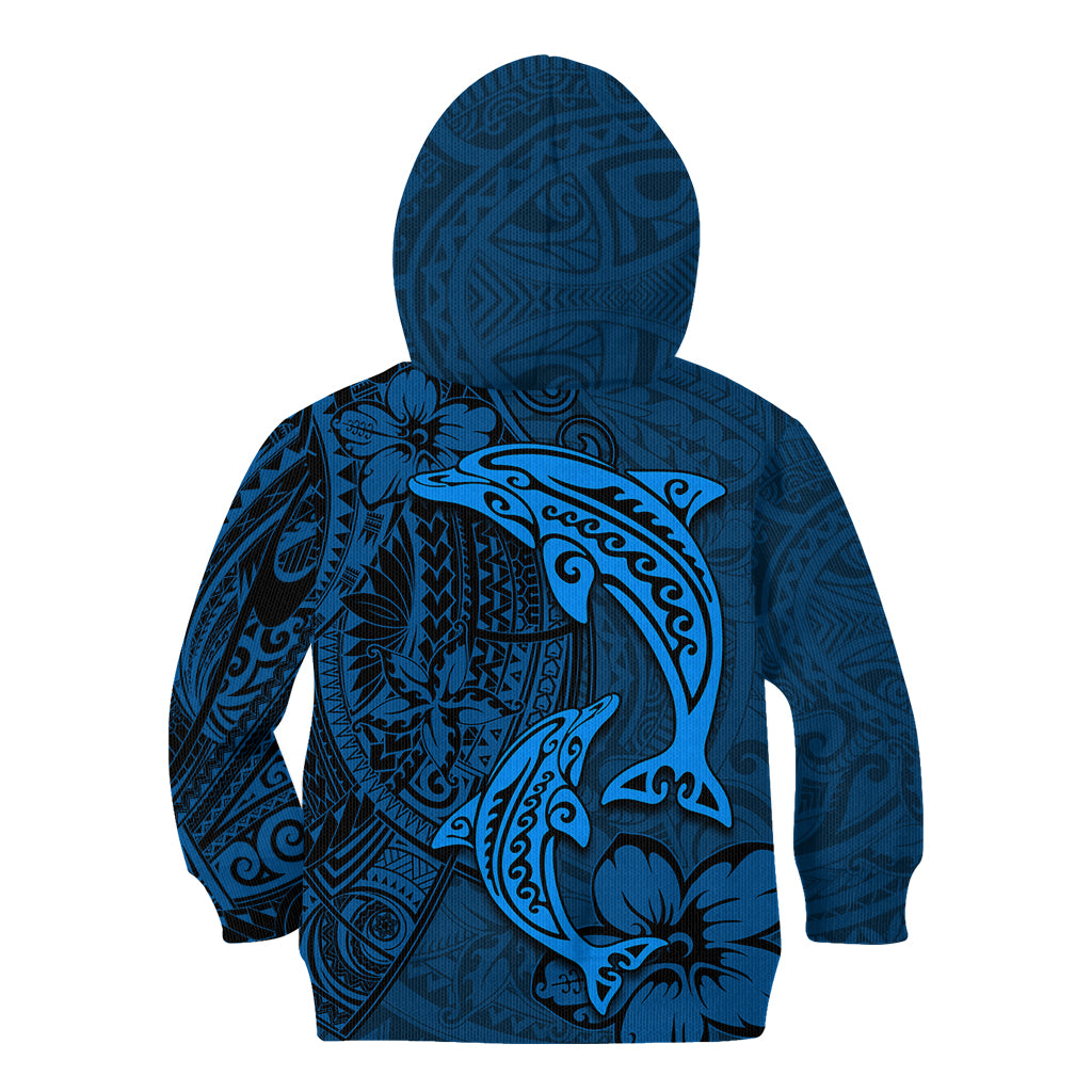 Polynesian Dolphin Valentine Day Kid Hoodie Hibiscus and Tribal Tattoo Blue Style LT03 - Polynesian Pride