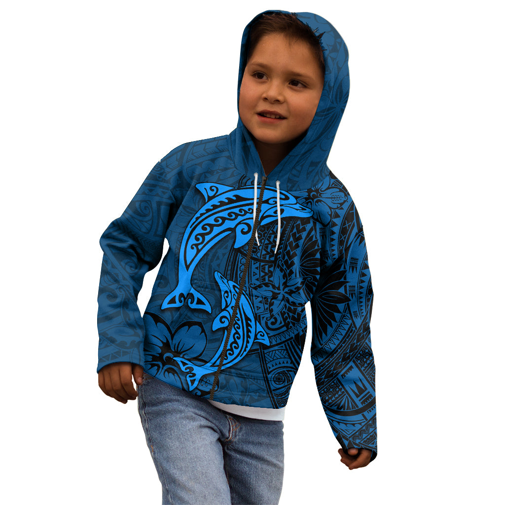 Polynesian Dolphin Valentine Day Kid Hoodie Hibiscus and Tribal Tattoo Blue Style LT03 - Polynesian Pride