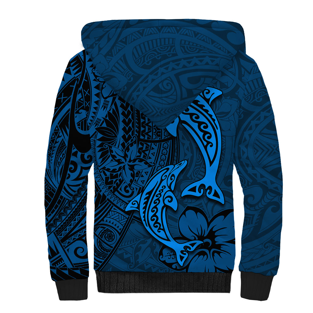 Polynesian Dolphin Valentine Day Sherpa Hoodie Hibiscus and Tribal Tattoo Blue Style LT03 - Polynesian Pride