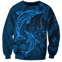 Polynesian Dolphin Valentine Day Sweatshirt Hibiscus and Tribal Tattoo Blue Style LT03 Unisex Blue - Polynesian Pride