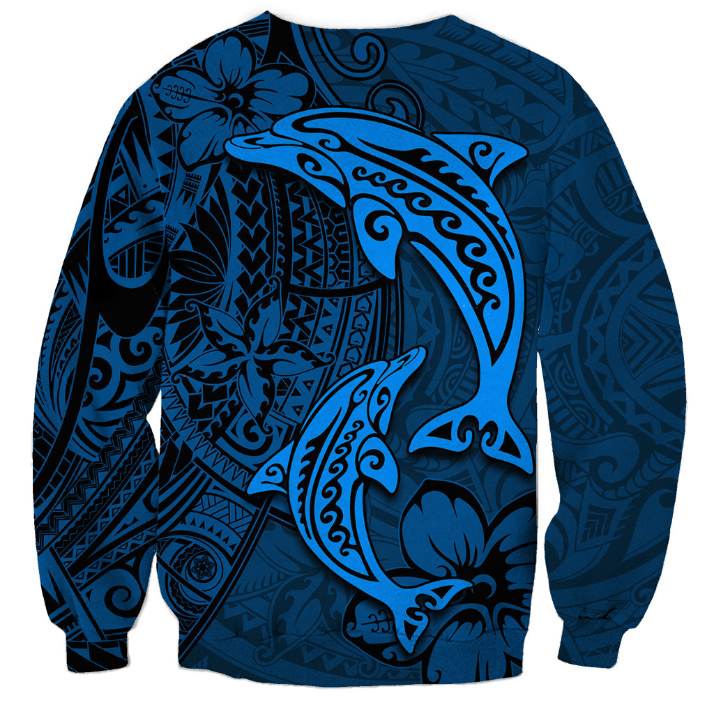 Polynesian Dolphin Valentine Day Sweatshirt Hibiscus and Tribal Tattoo Blue Style LT03 - Polynesian Pride